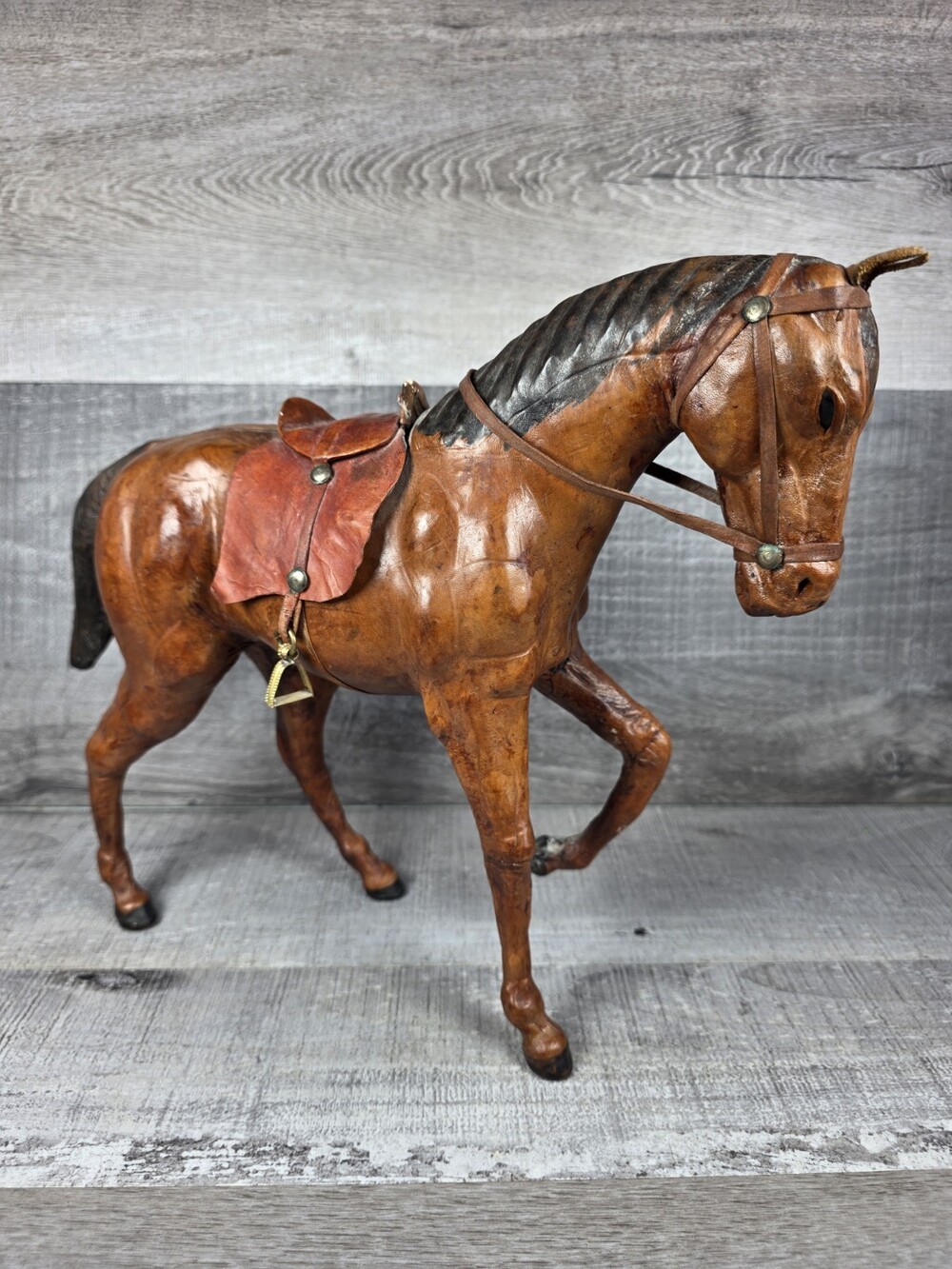 VTG Leather Wrapped Chestnut Sorrel Horse Hand Made Equestrian Statue Brown g30